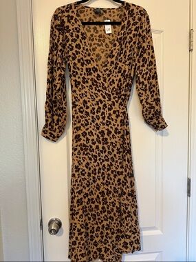 GAP Tan and Brown Leopard Print Long Sleeve Wrap Dress